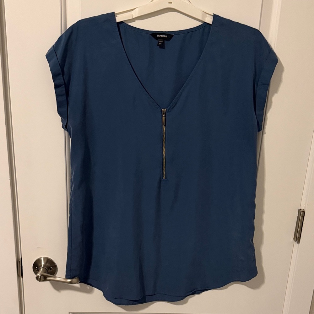 Express Teal V-Neck Blouse with Zipper